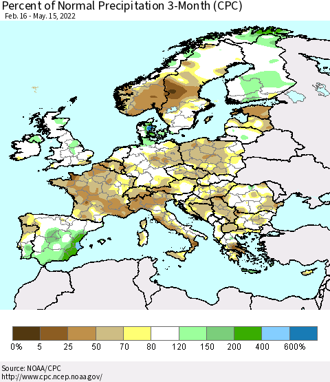 Europe Percent of Normal Precipitation 3-Month (CPC) Thematic Map For 2/16/2022 - 5/15/2022