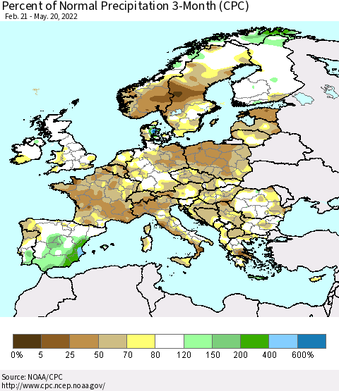 Europe Percent of Normal Precipitation 3-Month (CPC) Thematic Map For 2/21/2022 - 5/20/2022