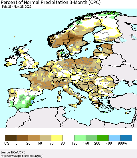 Europe Percent of Normal Precipitation 3-Month (CPC) Thematic Map For 2/26/2022 - 5/25/2022