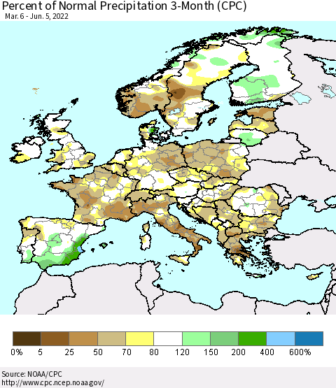 Europe Percent of Normal Precipitation 3-Month (CPC) Thematic Map For 3/6/2022 - 6/5/2022