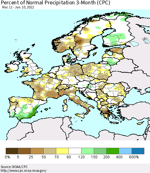 Europe Percent of Normal Precipitation 3-Month (CPC) Thematic Map For 3/11/2022 - 6/10/2022