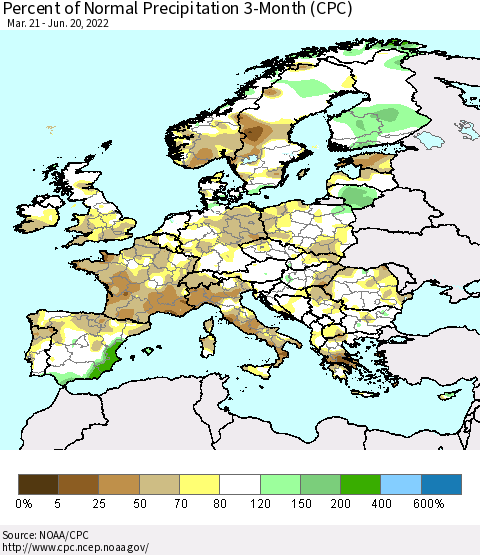 Europe Percent of Normal Precipitation 3-Month (CPC) Thematic Map For 3/21/2022 - 6/20/2022