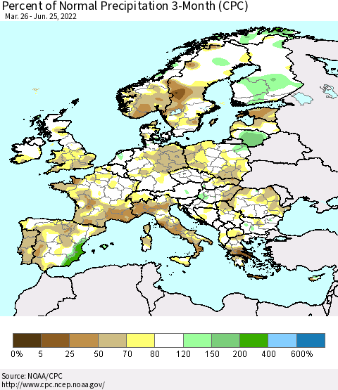 Europe Percent of Normal Precipitation 3-Month (CPC) Thematic Map For 3/26/2022 - 6/25/2022