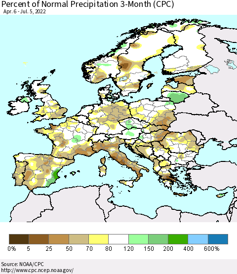 Europe Percent of Normal Precipitation 3-Month (CPC) Thematic Map For 4/6/2022 - 7/5/2022