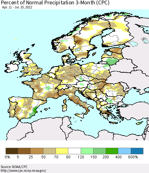 Europe Percent of Normal Precipitation 3-Month (CPC) Thematic Map For 4/11/2022 - 7/10/2022