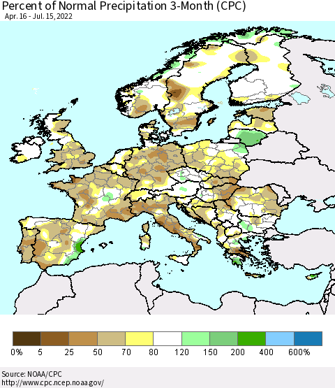 Europe Percent of Normal Precipitation 3-Month (CPC) Thematic Map For 4/16/2022 - 7/15/2022