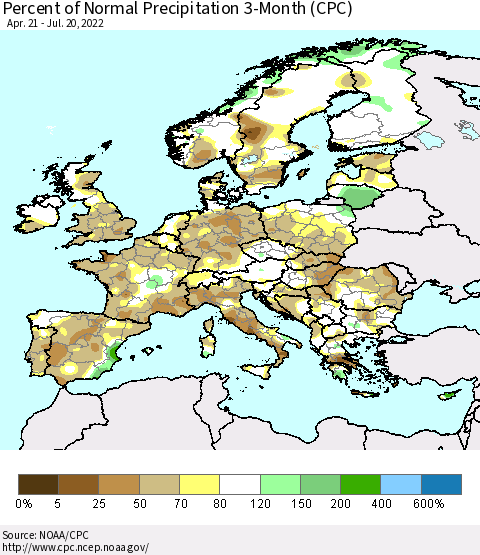 Europe Percent of Normal Precipitation 3-Month (CPC) Thematic Map For 4/21/2022 - 7/20/2022