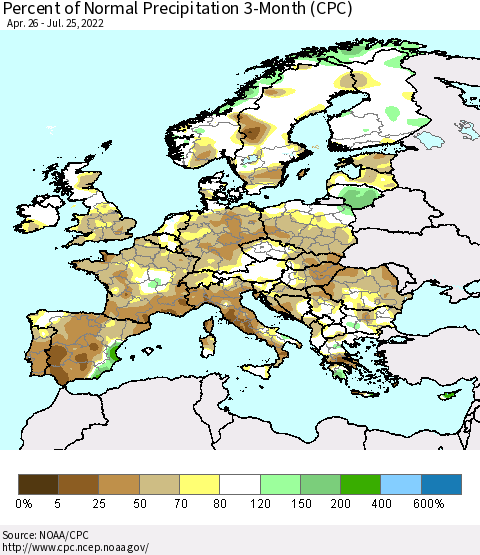 Europe Percent of Normal Precipitation 3-Month (CPC) Thematic Map For 4/26/2022 - 7/25/2022