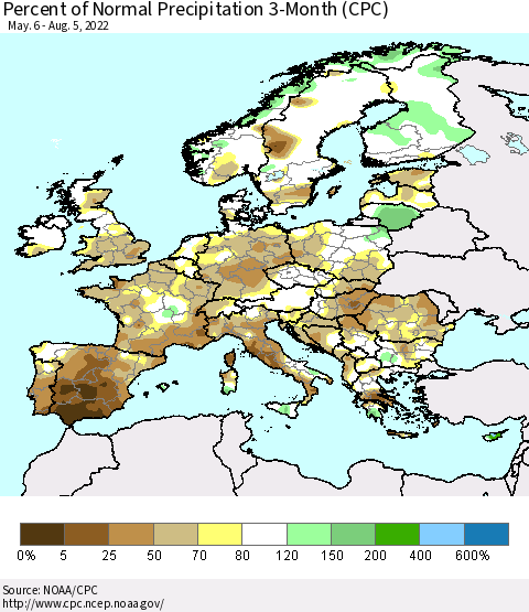 Europe Percent of Normal Precipitation 3-Month (CPC) Thematic Map For 5/6/2022 - 8/5/2022