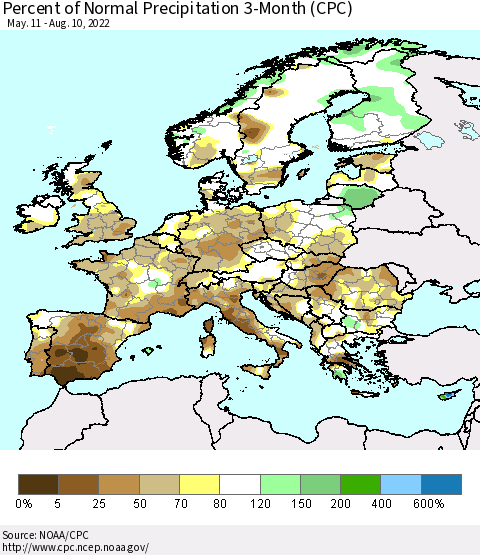 Europe Percent of Normal Precipitation 3-Month (CPC) Thematic Map For 5/11/2022 - 8/10/2022