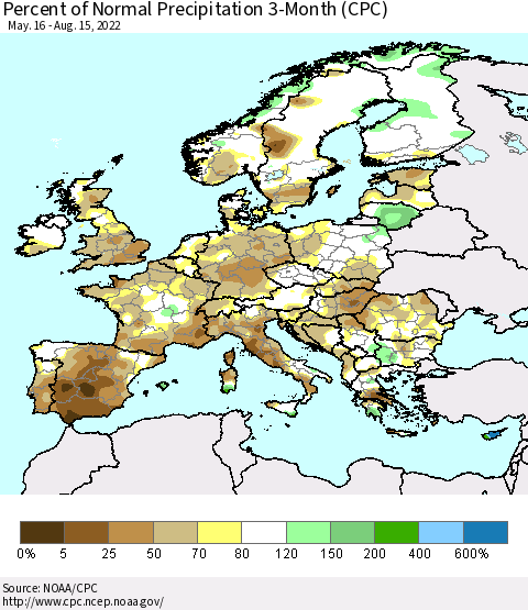 Europe Percent of Normal Precipitation 3-Month (CPC) Thematic Map For 5/16/2022 - 8/15/2022