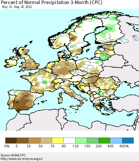 Europe Percent of Normal Precipitation 3-Month (CPC) Thematic Map For 5/21/2022 - 8/20/2022