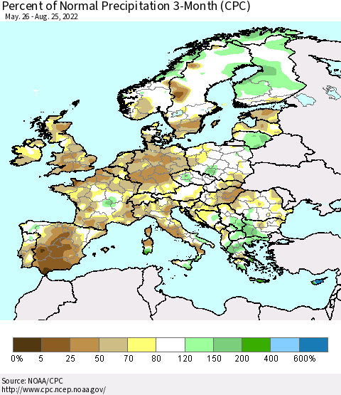 Europe Percent of Normal Precipitation 3-Month (CPC) Thematic Map For 5/26/2022 - 8/25/2022