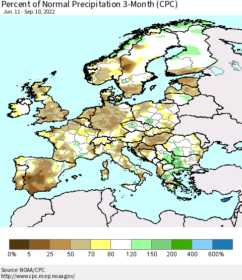 Europe Percent of Normal Precipitation 3-Month (CPC) Thematic Map For 6/11/2022 - 9/10/2022