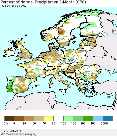 Europe Percent of Normal Precipitation 3-Month (CPC) Thematic Map For 6/16/2022 - 9/15/2022