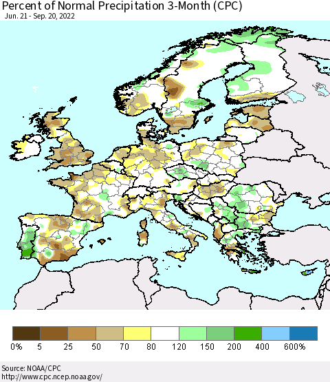 Europe Percent of Normal Precipitation 3-Month (CPC) Thematic Map For 6/21/2022 - 9/20/2022