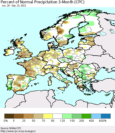 Europe Percent of Normal Precipitation 3-Month (CPC) Thematic Map For 6/26/2022 - 9/25/2022