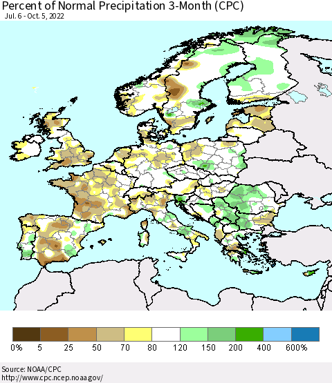 Europe Percent of Normal Precipitation 3-Month (CPC) Thematic Map For 7/6/2022 - 10/5/2022