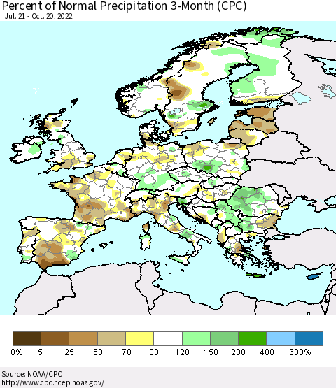 Europe Percent of Normal Precipitation 3-Month (CPC) Thematic Map For 7/21/2022 - 10/20/2022