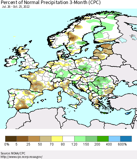 Europe Percent of Normal Precipitation 3-Month (CPC) Thematic Map For 7/26/2022 - 10/25/2022