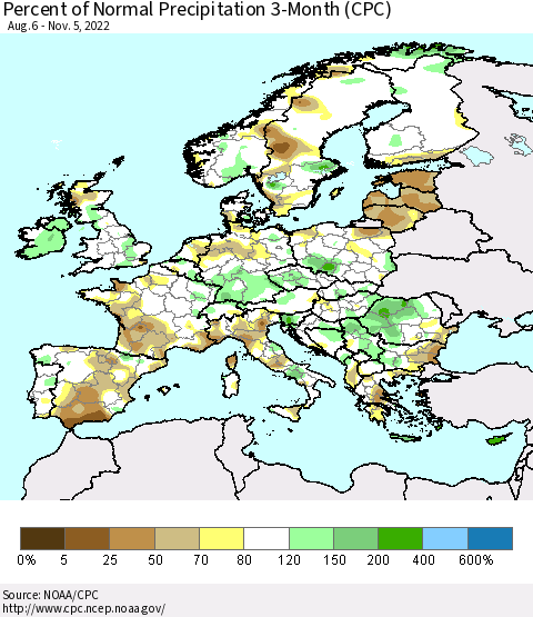 Europe Percent of Normal Precipitation 3-Month (CPC) Thematic Map For 8/6/2022 - 11/5/2022