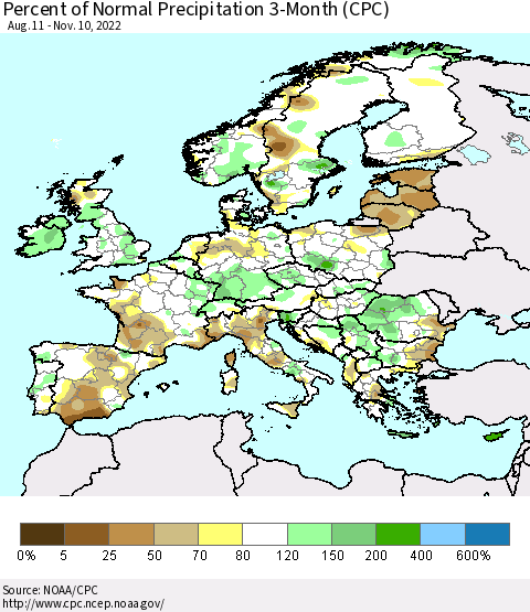 Europe Percent of Normal Precipitation 3-Month (CPC) Thematic Map For 8/11/2022 - 11/10/2022