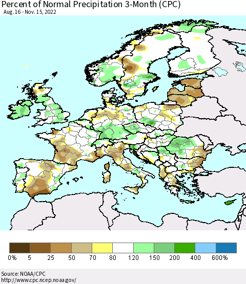 Europe Percent of Normal Precipitation 3-Month (CPC) Thematic Map For 8/16/2022 - 11/15/2022