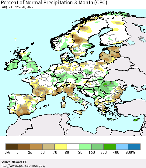 Europe Percent of Normal Precipitation 3-Month (CPC) Thematic Map For 8/21/2022 - 11/20/2022