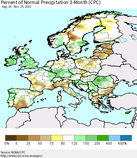 Europe Percent of Normal Precipitation 3-Month (CPC) Thematic Map For 8/26/2022 - 11/25/2022