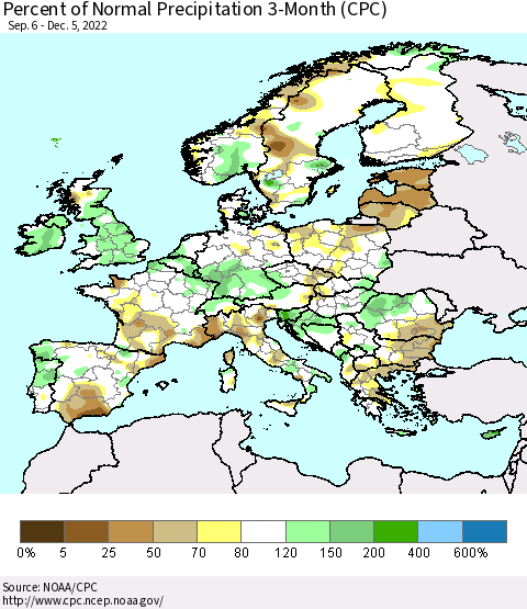 Europe Percent of Normal Precipitation 3-Month (CPC) Thematic Map For 9/6/2022 - 12/5/2022