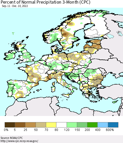 Europe Percent of Normal Precipitation 3-Month (CPC) Thematic Map For 9/11/2022 - 12/10/2022