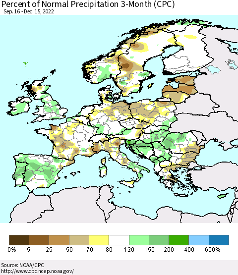 Europe Percent of Normal Precipitation 3-Month (CPC) Thematic Map For 9/16/2022 - 12/15/2022