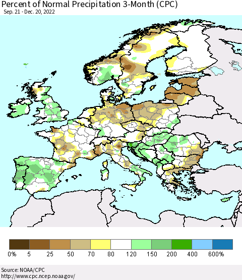 Europe Percent of Normal Precipitation 3-Month (CPC) Thematic Map For 9/21/2022 - 12/20/2022