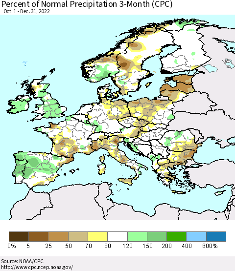 Europe Percent of Normal Precipitation 3-Month (CPC) Thematic Map For 10/1/2022 - 12/31/2022