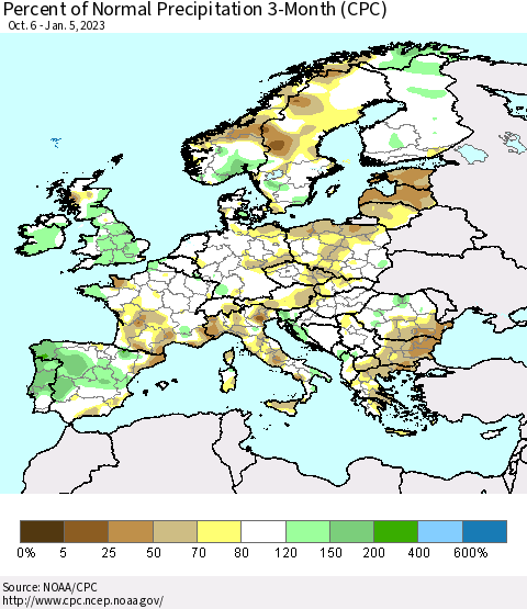 Europe Percent of Normal Precipitation 3-Month (CPC) Thematic Map For 10/6/2022 - 1/5/2023