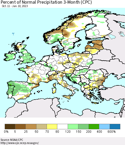 Europe Percent of Normal Precipitation 3-Month (CPC) Thematic Map For 10/11/2022 - 1/10/2023