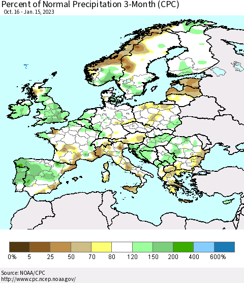 Europe Percent of Normal Precipitation 3-Month (CPC) Thematic Map For 10/16/2022 - 1/15/2023