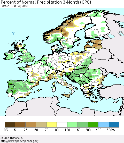Europe Percent of Normal Precipitation 3-Month (CPC) Thematic Map For 10/21/2022 - 1/20/2023