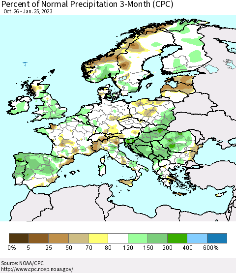 Europe Percent of Normal Precipitation 3-Month (CPC) Thematic Map For 10/26/2022 - 1/25/2023