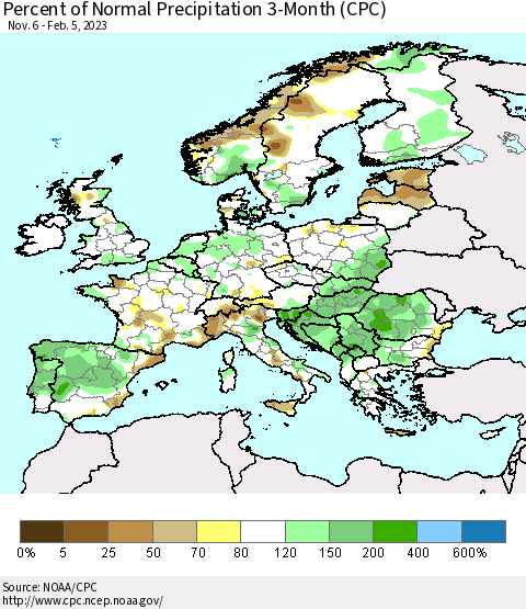 Europe Percent of Normal Precipitation 3-Month (CPC) Thematic Map For 11/6/2022 - 2/5/2023