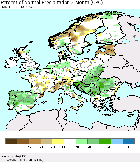 Europe Percent of Normal Precipitation 3-Month (CPC) Thematic Map For 11/11/2022 - 2/10/2023