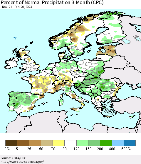 Europe Percent of Normal Precipitation 3-Month (CPC) Thematic Map For 11/21/2022 - 2/20/2023