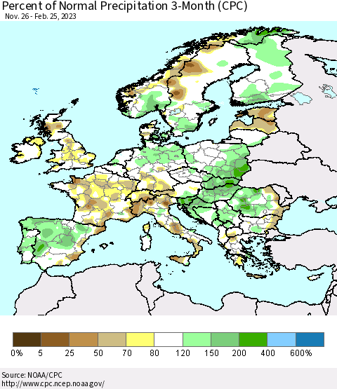 Europe Percent of Normal Precipitation 3-Month (CPC) Thematic Map For 11/26/2022 - 2/25/2023