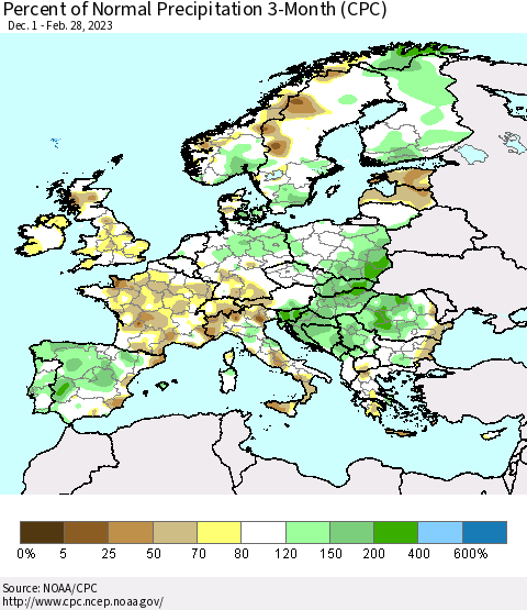Europe Percent of Normal Precipitation 3-Month (CPC) Thematic Map For 12/1/2022 - 2/28/2023