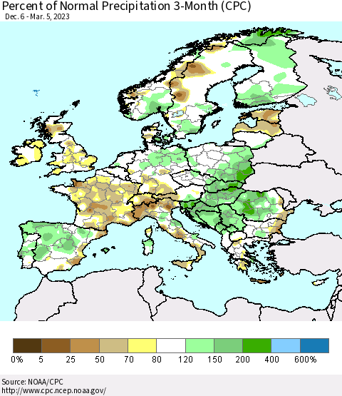 Europe Percent of Normal Precipitation 3-Month (CPC) Thematic Map For 12/6/2022 - 3/5/2023