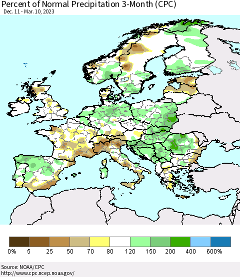 Europe Percent of Normal Precipitation 3-Month (CPC) Thematic Map For 12/11/2022 - 3/10/2023