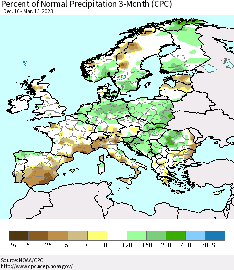 Europe Percent of Normal Precipitation 3-Month (CPC) Thematic Map For 12/16/2022 - 3/15/2023