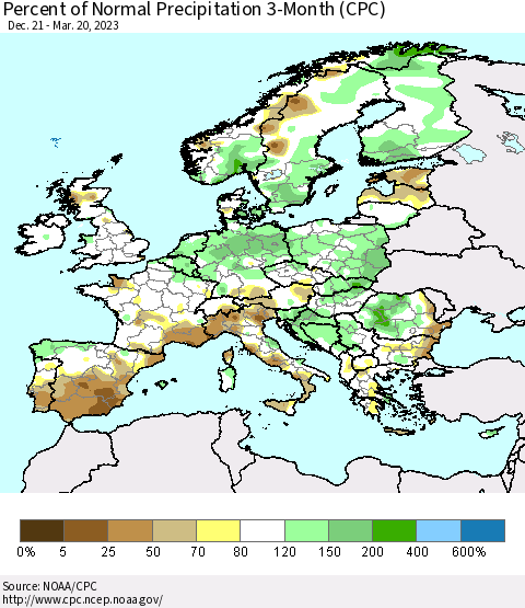 Europe Percent of Normal Precipitation 3-Month (CPC) Thematic Map For 12/21/2022 - 3/20/2023