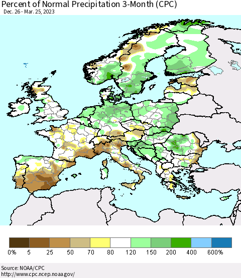 Europe Percent of Normal Precipitation 3-Month (CPC) Thematic Map For 12/26/2022 - 3/25/2023