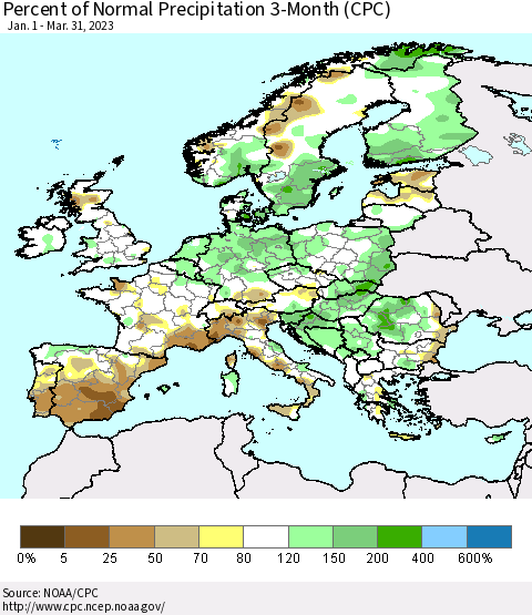 Europe Percent of Normal Precipitation 3-Month (CPC) Thematic Map For 1/1/2023 - 3/31/2023